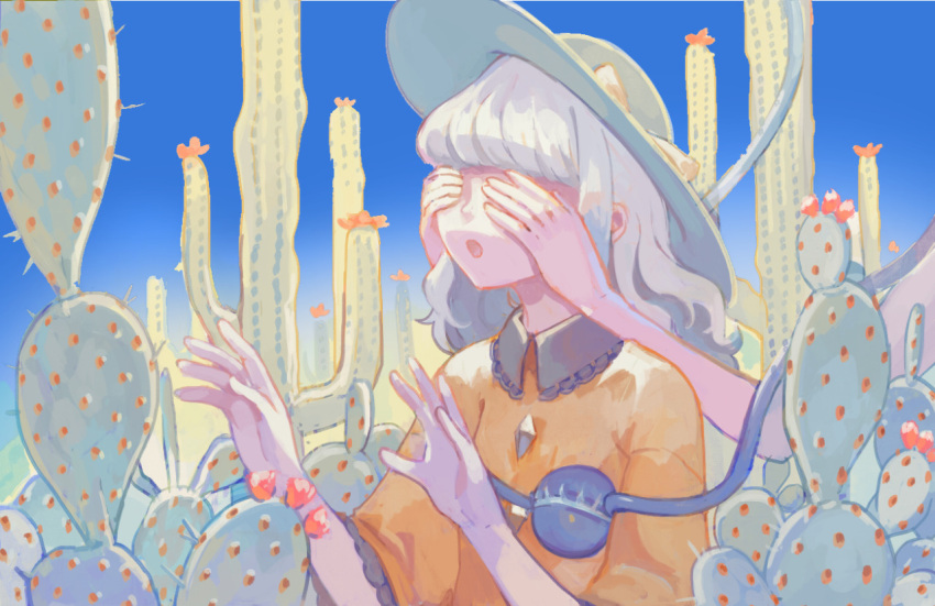 1girl arms_up cactus clea covering_eyes eyeball hands_on_another's_face hat hat_ribbon komeiji_koishi long_hair long_sleeves open_mouth ribbon shirt silver_hair solo_focus string third_eye touhou upper_body wide_sleeves