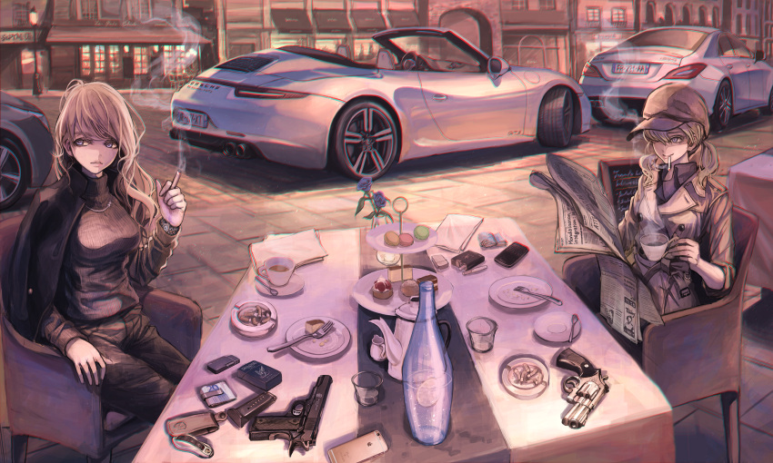 2girls blonde_hair car chair cigarette cup fork gun handgun hat highres jacket_on_shoulders koh_(minagi_kou) looking_at_viewer mercedes-benz motor_vehicle multiple_girls original pants plate porsche revolver shirt sitting smoke table teacup vehicle weapon