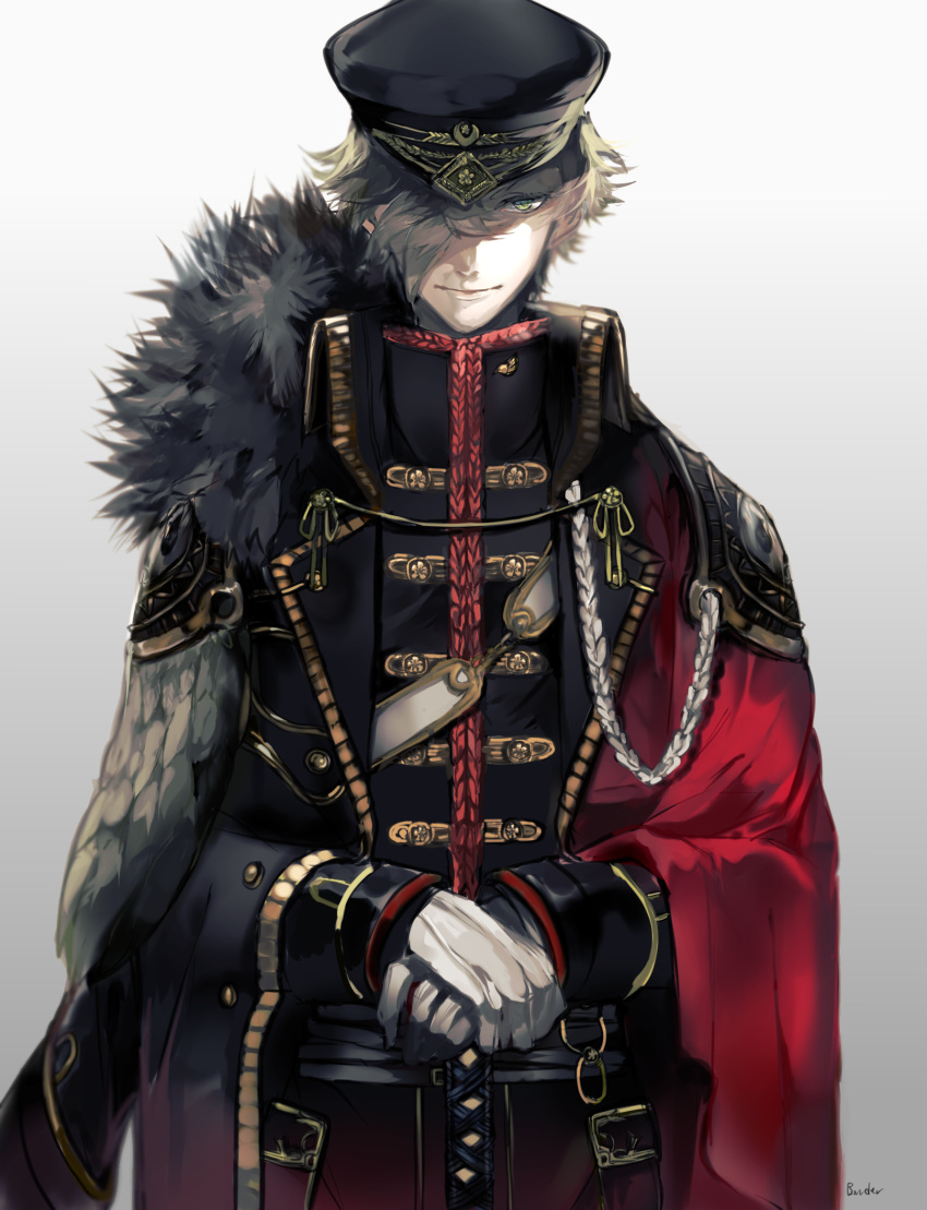 1boy aiguillette alternate_costume artist_name belt border0715 cape closed_mouth fur_trim gloves gradient gradient_background green_eyes green_hair hair_over_one_eye hat highres jacket_on_shoulders long_sleeves looking_at_viewer male_focus military military_uniform one_eye_covered own_hands_together sash shade signature smile solo sword touken_ranbu uguisumaru uniform weapon white_background white_gloves