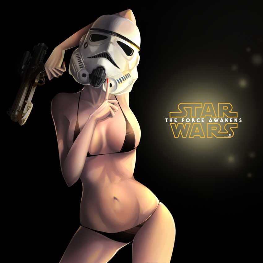 1girl absurdres arm_behind_head ass_visible_through_thighs collarbone contrapposto gun helmet highres jellyemily looking_at_viewer navel simple_background solo star_wars star_wars:_the_force_awakens stormtrooper swimsuit weapon