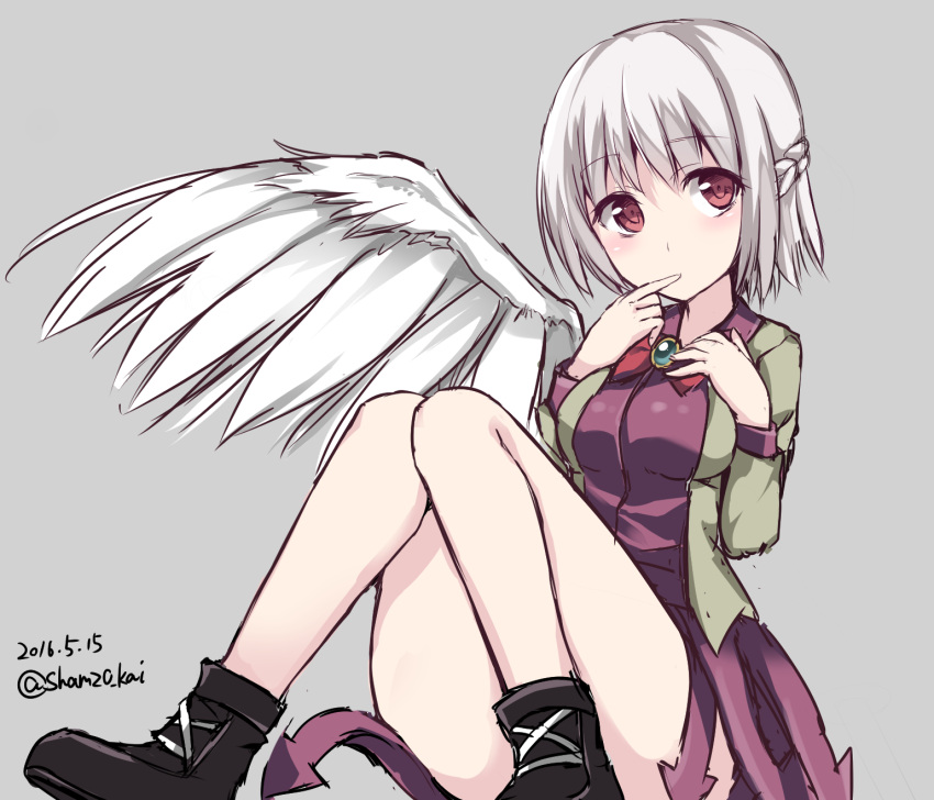 1girl 2016 dated grey_background highres kishin_sagume red_eyes shamuichi short_hair simple_background single_wing sitting sketch solo touhou twitter_username white_hair wings