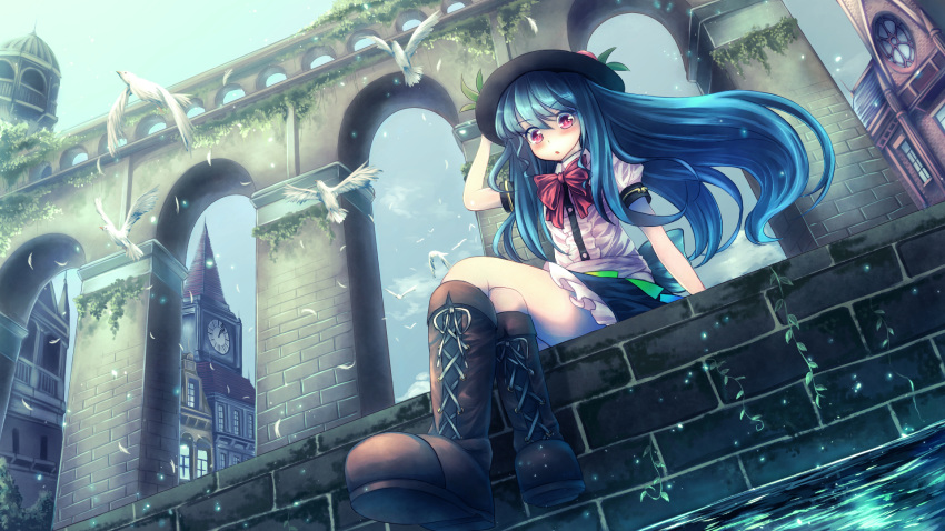 1girl :o animal arch bangs bird black_hat blue_hair blue_skirt blush bow brick building center_frills clock clock_tower cross-laced_footwear crossed_legs dress_shirt eyebrows eyebrows_visible_through_hair feathers food frills from_below fruit hair_between_eyes hat highres hinanawi_tenshi leaf long_hair looking_at_viewer peach plant puffy_short_sleeves puffy_sleeves red_bow red_eyes shirt short_sleeves sitting skirt solo t.m_(aqua6233) touhou tower vines water white_shirt wind