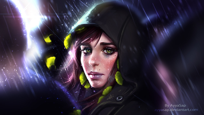 1girl artist_name ayyasap backlighting black_jacket blurry blush closed_mouth depth_of_field expressionless freckles from_side ginkgo ginkgo_leaf green_eyes highres hood hooded_jacket jacket light_rays lips looking_at_viewer looking_to_the_side motion_blur outdoors purple_hair rain raincoat short_hair signature solo_focus upper_body water water_drop watermark web_address wet