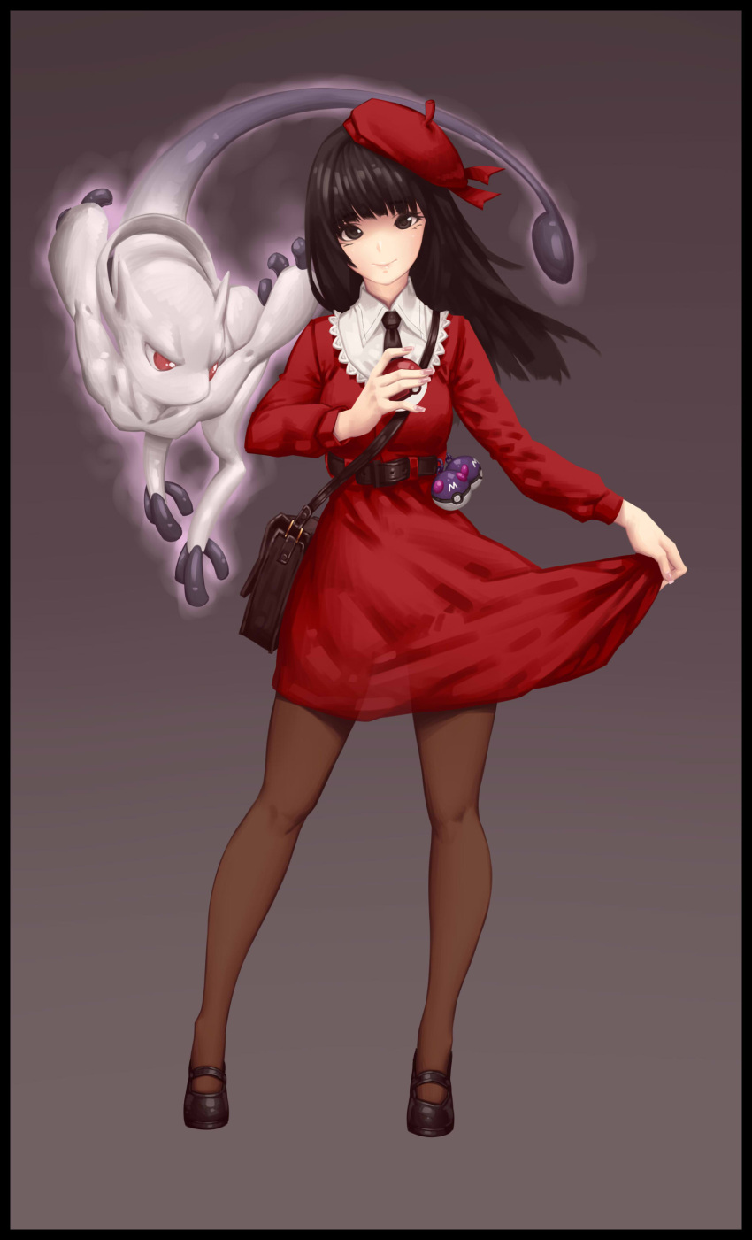 1girl absurdres bangs belt beret black_border black_hair black_shoes blunt_bangs border breasts brown_legwear closed_mouth dress gradient gradient_background hat highres holding holding_poke_ball legs_apart long_hair long_sleeves looking_at_viewer mary_janes master_ball medium_breasts mega_mewtwo_y mega_pokemon mewtwo nail_polish pantyhose pink_nails poke_ball pokemon pokemon_(creature) pokemon_(game) pokemon_trainer pokemon_xy red_dress red_eyes red_hat rico_(game00985) see-through_silhouette shoes short_dress skirt_hold smile standing