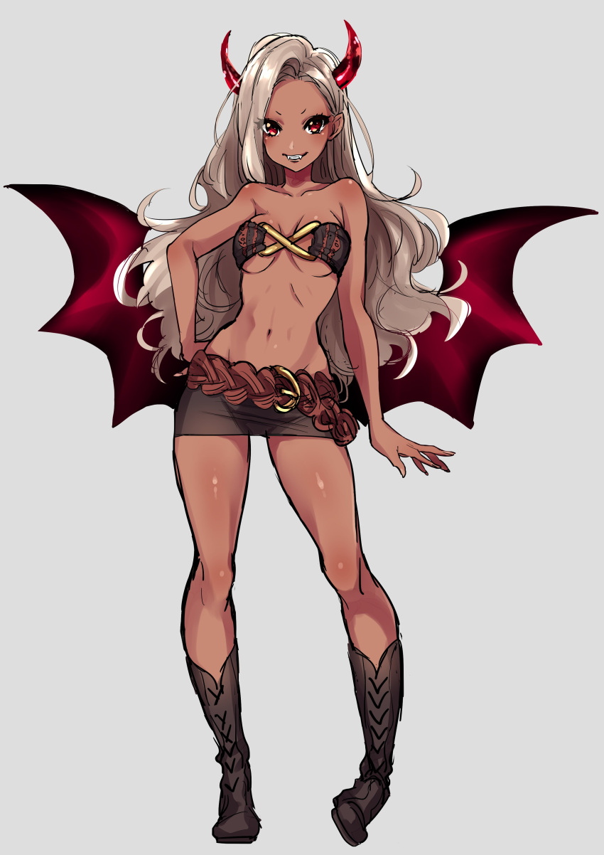 1girl absurdres bat_wings blush breasts demon demon_girl demon_horns demon_wings fangs highres horns long_hair looking_at_viewer miniskirt simple_background skirt smile solo westxost_(68monkey) wings