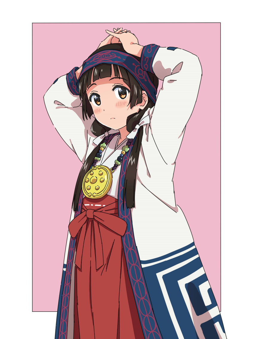 1girl amayadori_machi arms_up bangs blunt_bangs blush bow brown_eyes brown_hair closed_mouth cowboy_shot eyelashes hair_bow hakama_skirt hands_on_own_head headband highres jacket japanese_clothes jewelry karahai_(31448823) kimono kumamiko long_sleeves low_twintails mirror necklace nontraditional_miko open_clothes open_jacket pearl_necklace pendant pink_background pleated_skirt red_bow red_skirt simple_background skirt solo standing tareme twintails white_bow