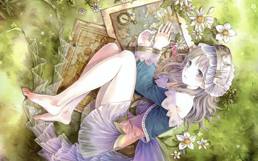 1girl atelier_(series) atelier_totori barefoot brown_hair flower grass hair_ornament kishida_mel long_hair looking_at_viewer map one_eye_closed outdoors solo totooria_helmold