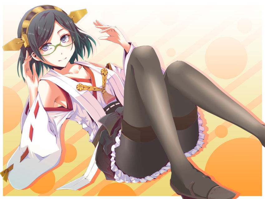 1girl bare_shoulders black_hair black_legwear blue_eyes glasses gradient_hair green-framed_glasses hairband headgear kantai_collection kirishima_(kantai_collection) multicolored_hair nontraditional_miko ribbon-trimmed_sleeves ribbon_trim short_hair smile solo twinameless