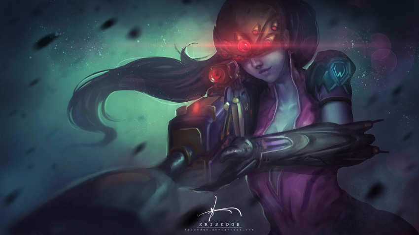 1girl absurdres aiming aiming_at_viewer artist_name bodysuit gloves glowing gun highres krisedge lips long_hair looking_at_viewer nose overwatch ponytail purple_hair purple_skin rifle smile sniper_rifle solo unzipped upper_body visor watermark weapon web_address widowmaker_(overwatch)