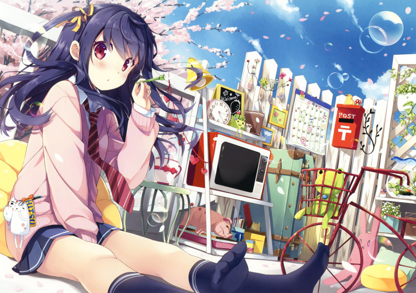 1girl :o absurdres between_legs bicycle blue_hair blue_legwear blue_skirt blush bubble bubble_blowing calendar cardigan cellphone_strap character_request cherry_blossoms clock clouds copyright_request cup cushion fence fish fishbowl flower frog gradient_eyes hair_ribbon hand_between_legs highres lamp looking_at_viewer mailbox multicolored_eyes natsume_eri necktie no_shoes picture_frame pig red_eyes ribbon rubber_duck sitting skirt sky solo stuffed_toy suitcase tagme television tree violet_eyes