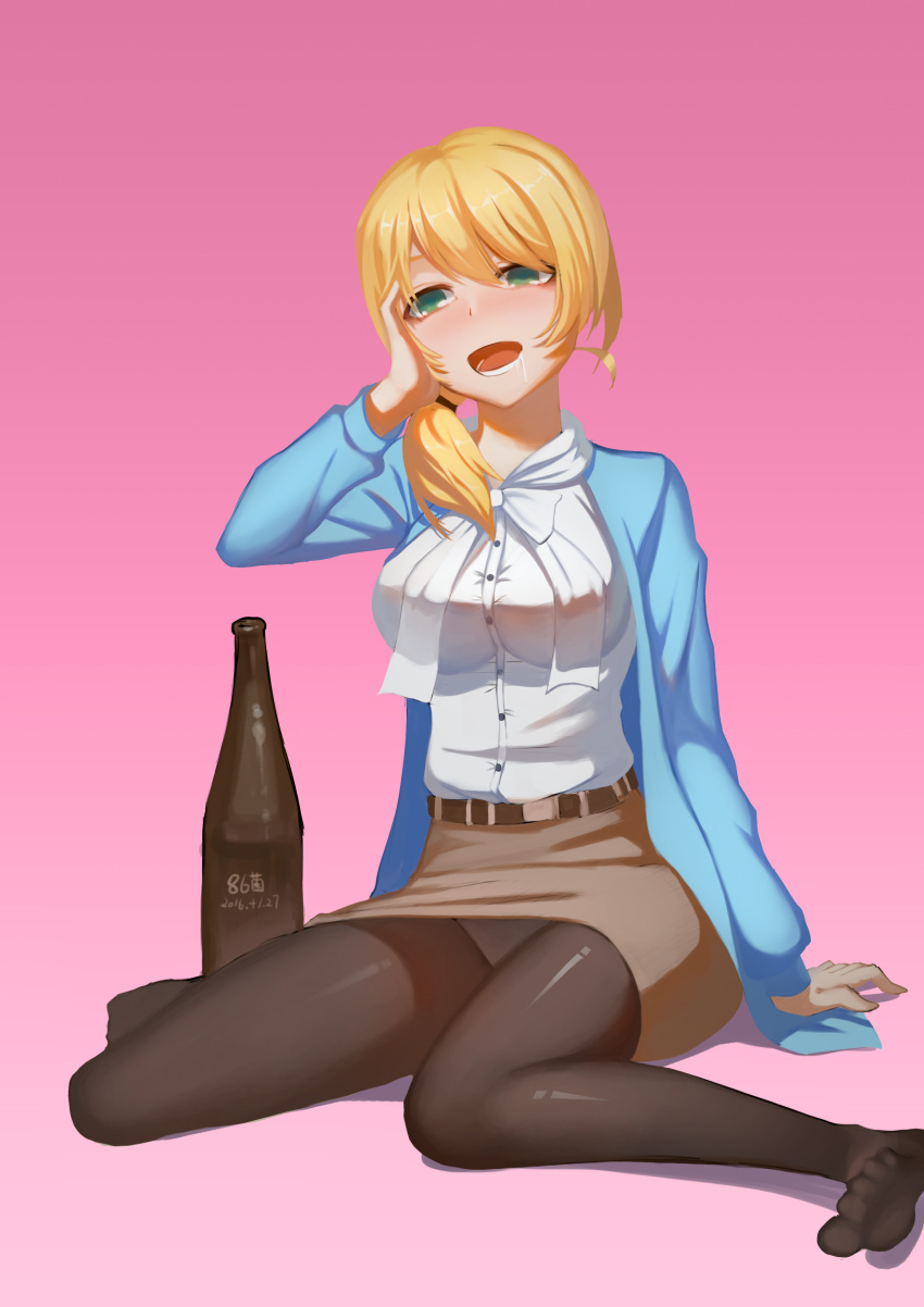 1girl absurdres arm_support baliu belt blonde_hair blush breasts ellen_baker green_eyes hand_on_own_face highres large_breasts new_horizon open_mouth panties pantyhose pantyshot pantyshot_(sitting) pencil_skirt saliva short_hair sitting skirt solo teeth underwear