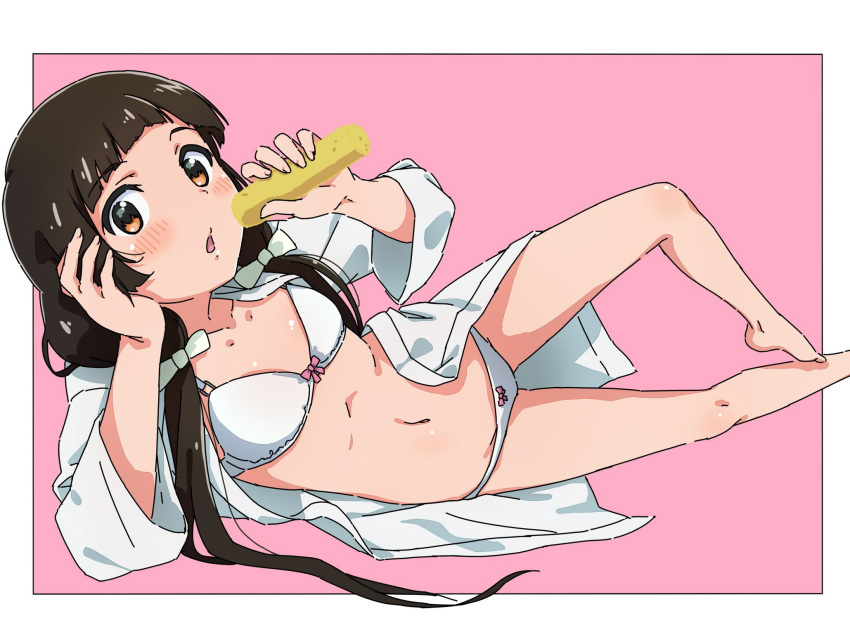 amayadori_machi arm_support bangs bare_legs barefoot blunt_bangs blush border bow bow_bra bow_panties bra brown_eyes brown_hair collarbone flat_chest hair_bow hand_on_head highres holding jacket karahai_(31448823) knee_up kumamiko long_hair looking_at_viewer low_twintails lying midriff navel on_back open_clothes open_jacket panties pink_bow stomach tareme twintails underwear white_border white_bow white_bra white_jacket white_panties