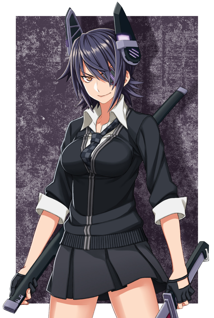 1girl breasts checkered checkered_necktie eyepatch fingerless_gloves gloves headgear highres kantai_collection large_breasts looking_at_viewer necktie partly_fingerless_gloves purple_hair school_uniform short_hair solo sora_yoshitake_yuda sword tenryuu_(kantai_collection) weapon weapon_bag yellow_eyes