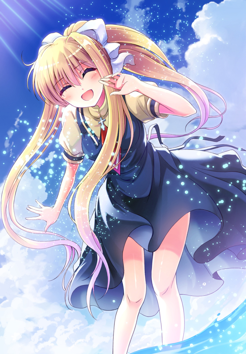 1girl :d ^_^ air black_dress blonde_hair blush breasts closed_eyes clouds cross dress droplets dutch_angle hair_ribbon highres kamio_misuzu long_hair open_mouth outdoors outstretched_arm ponytail puffy_short_sleeves puffy_sleeves ribbon school_uniform short_sleeves sidelocks sky smile solo standing sunlight tazu very_long_hair wading water white_ribbon wind