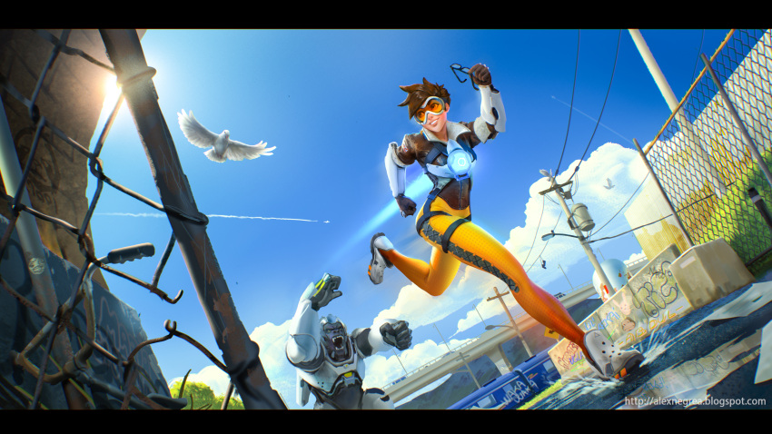 1girl absurdres alex_negrea bicycle bird blue_sky bodysuit bomber_jacket breasts brown_hair chain-link_fence clouds condensation_trail fence fleeing full_body glasses gloves glowing goggles gorilla graffiti highres jacket lamppost letterboxed lips looking_at_another looking_back outdoors overwatch parted_lips road_sign running shoes short_hair sign sky smile spiky_hair splashing sun teasing theft tracer_(overwatch) utility_pole_(object) watermark web_address winston_(overwatch)