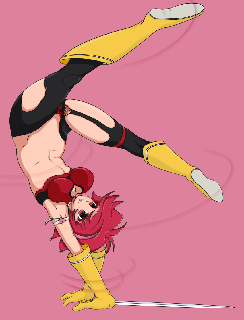 absurdres armpits boots cleavage cutie_honey gaixas1 hairband handstand highres kicking long_gloves pink_background re:_cutie_honey red_eyes redhead short_hair sword weapon