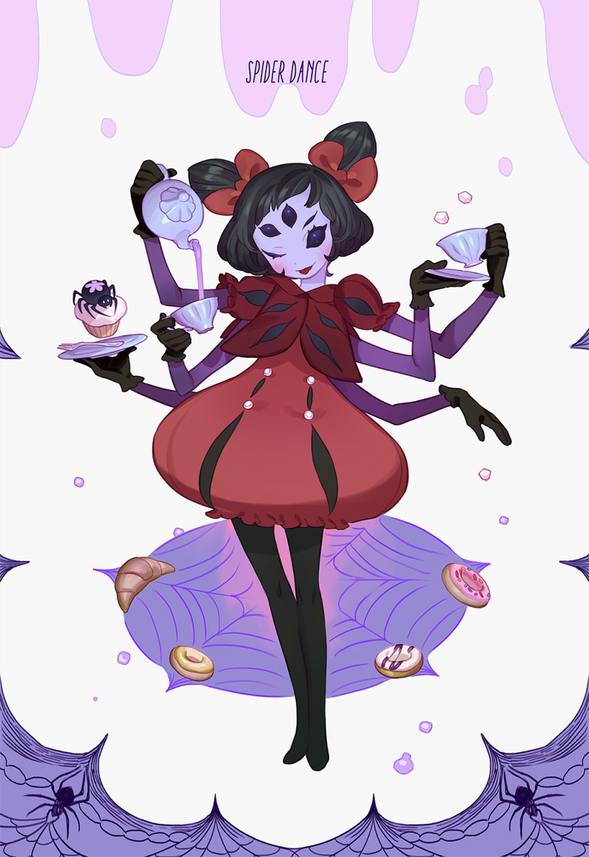 1girl black_gloves black_hair black_legwear blush bow bubble_skirt cup dish english extra_arms extra_eyes fork full_body gloves gwayo hair_bow head_tilt highres insect_girl looking_at_viewer muffet pantyhose puffy_sleeves purple_skin shirt short_hair short_sleeves skirt smile solo spider spider_girl sugar_cube sweets teacup teapot text tongue tongue_out twintails undertale