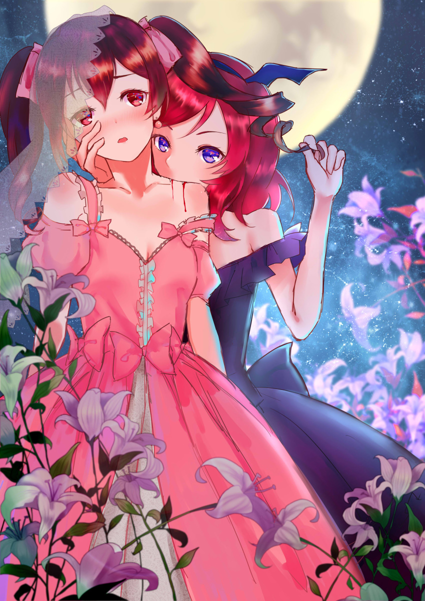 2girls absurdres bare_shoulders biting blood blush bow dress fang flower full_moon hair_bow hand_on_another's_cheek hand_on_another's_face highres long_hair looking_at_another moon multiple_girls neck_biting nishikino_maki off_shoulder open_mouth outdoors playing_with_another's_hair purple_dress red_eyes redhead reito_gyouza standing twintails vampire veil violet_eyes yazawa_nico yuri