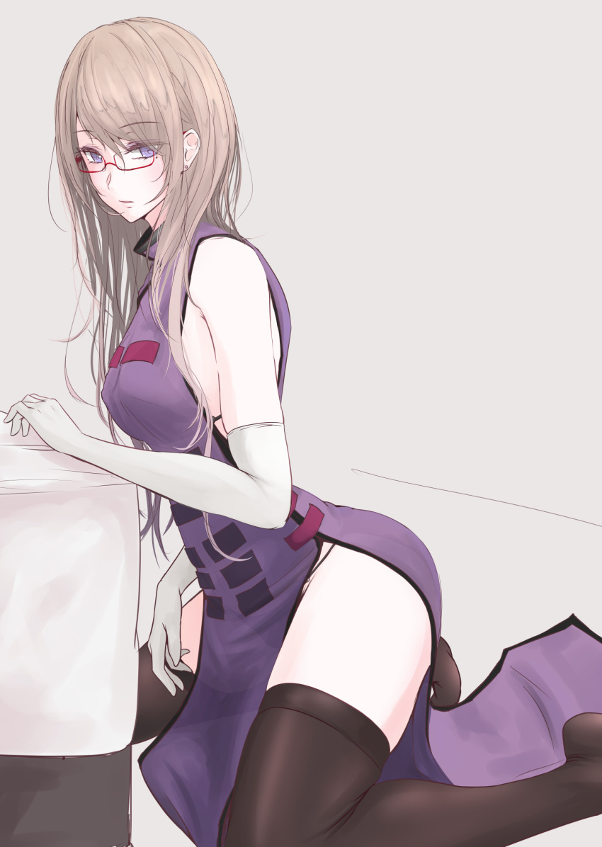 1girl akiyama_cz4a alternate_hair_color arm_at_side arm_rest bangs bespectacled black_legwear blush breasts brown_hair couch earrings elbow_gloves erect_nipples eyes_visible_through_hair from_side glasses gloves gradient_hair hair_between_eyes highres hips jewelry lavender_background lips long_hair looking_at_viewer looking_to_the_side makeup mascara medium_breasts mole mole_under_eye multicolored_hair parted_lips platinum_blonde red-framed_eyewear semi-rimless_glasses simple_background skindentation solo stud_earrings tabard thigh-highs touhou trigram under-rim_glasses very_long_hair violet_eyes white_gloves yakumo_yukari