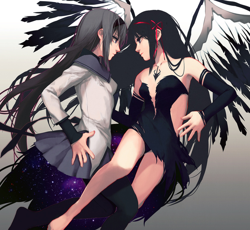 akemi_homura akuma_homura argyle argyle_legwear black_gloves black_hair black_panties breasts cleavage dark_orb_(madoka_magica) dual_persona elbow_gloves feathered_wings gloves hair_ribbon hairband long_hair mahou_shoujo_madoka_magica mahou_shoujo_madoka_magica_movie panties pantyhose pantyshot ribbon soul_gem spoilers underwear upskirt wings zen_o