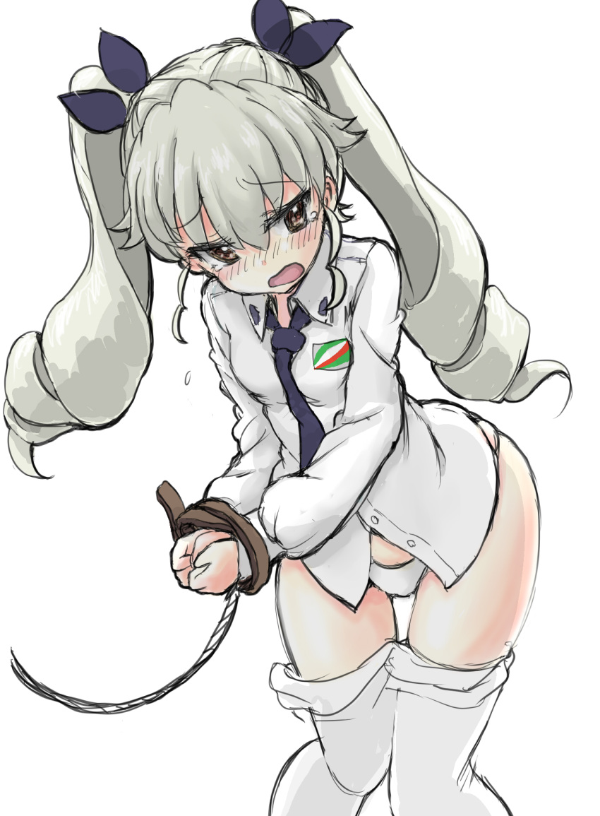 1girl anchovy bangs blush bound bound_wrists dress_shirt drill_hair embarrassed emblem girls_und_panzer green_hair hair_ribbon highres long_hair long_sleeves minimini necktie no_pants panties pantyhose pantyhose_pull red_eyes ribbon rope school_uniform shirt simple_background sketch solo standing tearing_up thigh_gap twin_drills twintails underwear wavy_mouth white_background white_legwear white_panties white_shirt