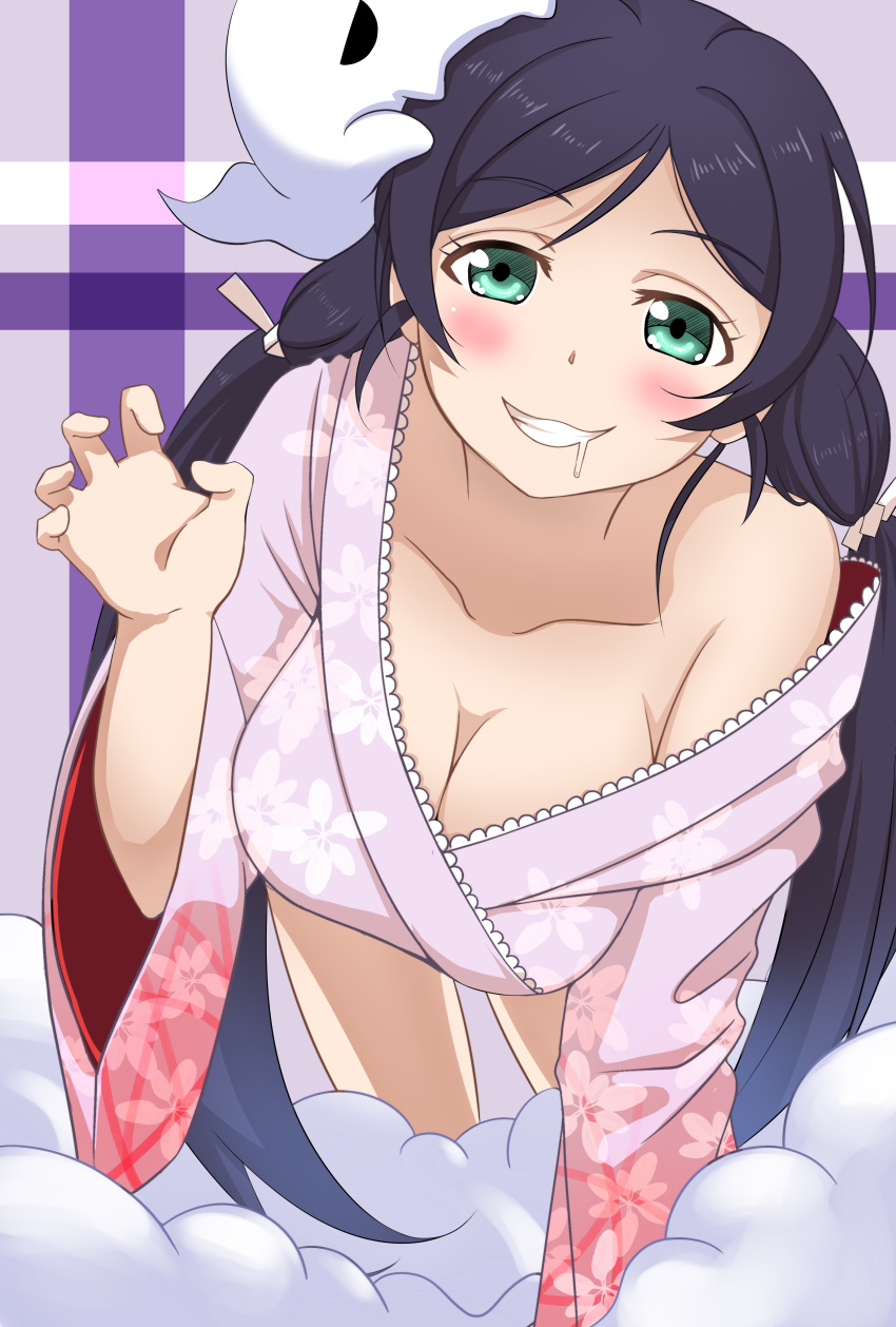 1girl absurdres baliu blush breasts cleavage ghost green_eyes highres japanese_clothes kimono large_breasts long_hair love_live!_school_idol_project off_shoulder purple_hair saliva solo teeth toujou_nozomi wide_sleeves yukata