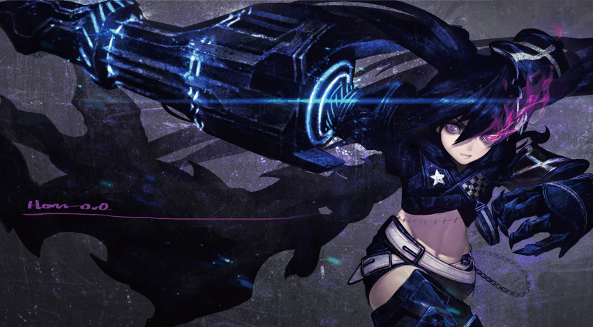 1girl absurdres armor armored_boots belt black_hair black_rock_shooter black_rock_shooter_(character) black_shorts boots burning_eyes fang han-0v0 highres insane_black_rock_shooter long_hair navel scar shorts signature solo violet_eyes