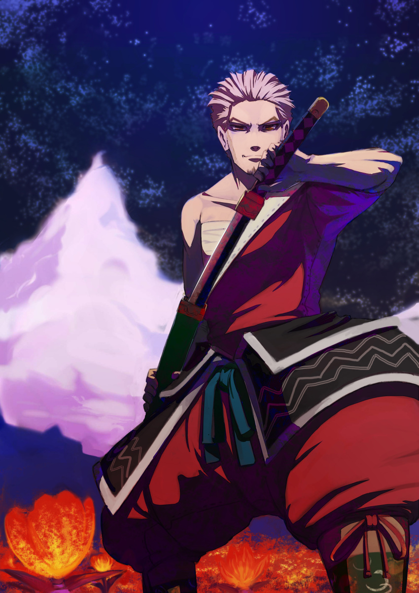 1boy 7th_dragon 7th_dragon_(series) absurdres brown_eyes clouds collarbone flower highres katana kyousin night night_sky pink_hair sky solo sword tagme weapon