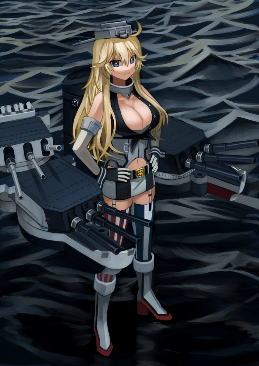 1girl blonde_hair blue_eyes breasts cleavage fingerless_gloves gloves hands_on_hips highres iowa_(kantai_collection) kantai_collection long_hair machinery thigh-highs wasabi60 water