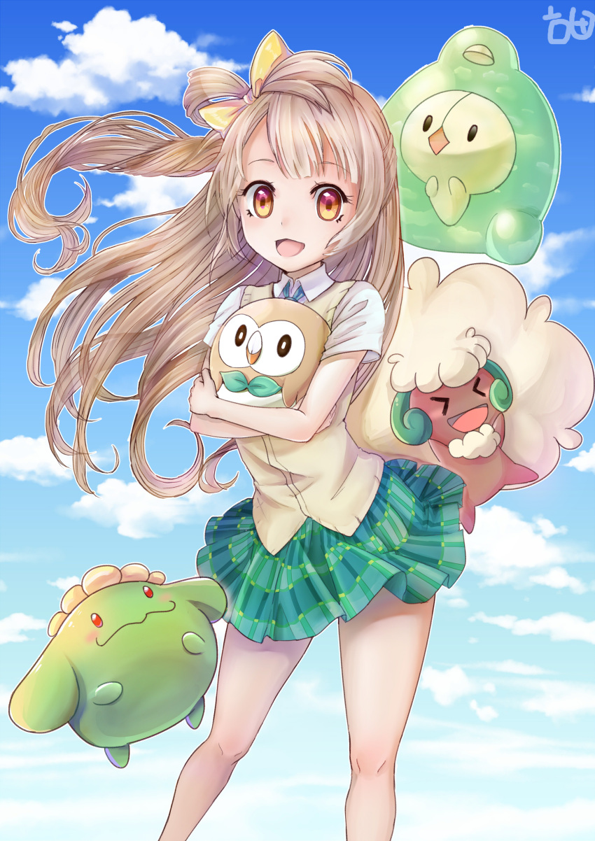 1girl absurdres brown_eyes brown_hair crossover duosion haetbit highres long_hair love_live!_school_idol_project minami_kotori one_side_up open_mouth pokemon pokemon_(creature) rowlet skiploom smile whimsicott