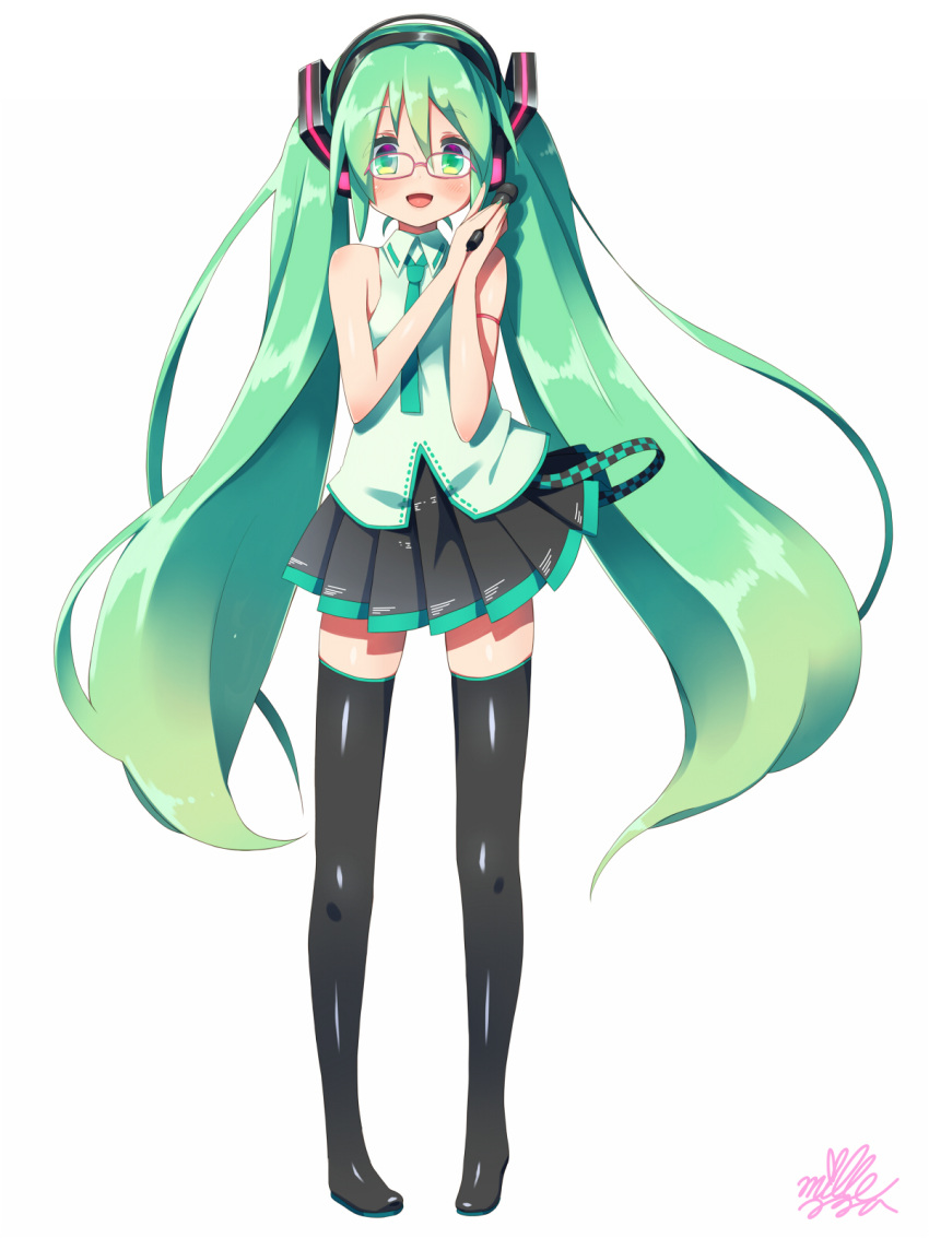1girl bespectacled black_legwear black_skirt boots full_body glasses green_eyes green_hair hatsune_miku highres long_hair looking_at_viewer microphone mille necktie pink-framed_glasses pleated_skirt signature simple_background skirt sleeveless solo standing thigh-highs thigh_boots twintails very_long_hair vocaloid white_background zettai_ryouiki