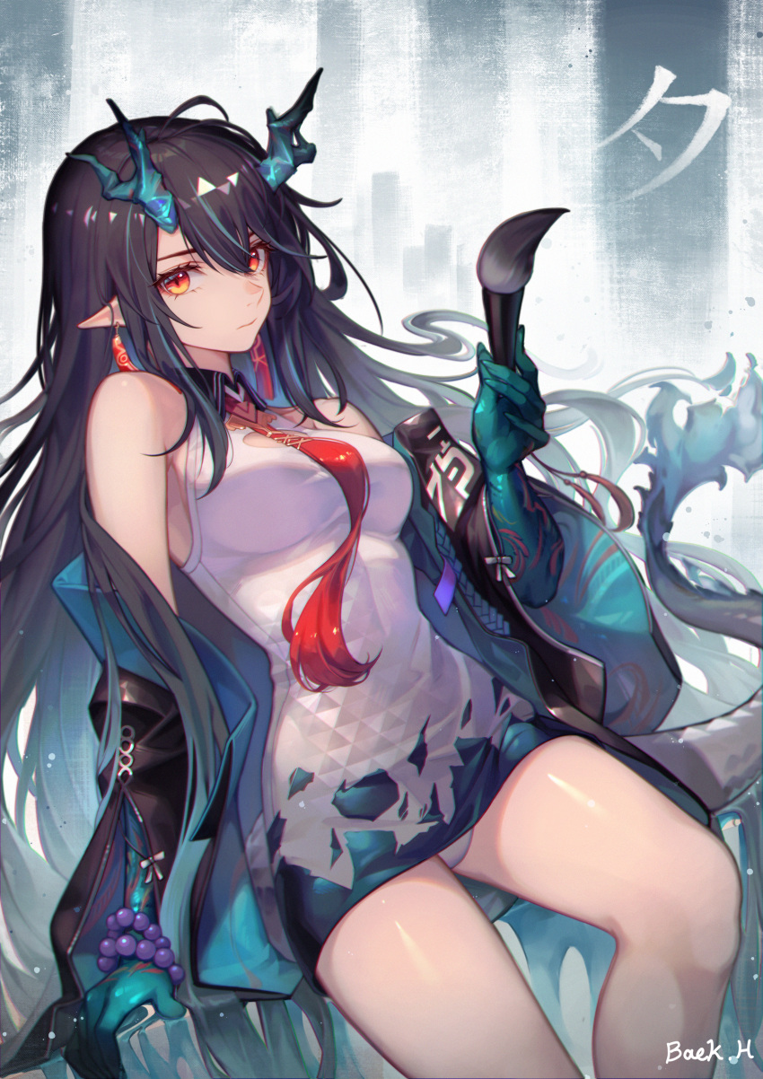 1girl absurdres aqua_skin arknights baek_hyang black_hair breasts china_dress chinese_clothes colored_skin dragon_girl dragon_horns dragon_tail dress dusk_(arknights) highres holding holding_paintbrush horns huge_filesize long_hair looking_at_viewer medium_breasts necktie paintbrush panties pantyshot red_eyes red_neckwear solo tail tail-tip_fire underwear very_long_hair white_background white_dress white_panties