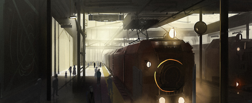 chiaroscuro clock crowd dark highres original scenery sidneysora train train_station