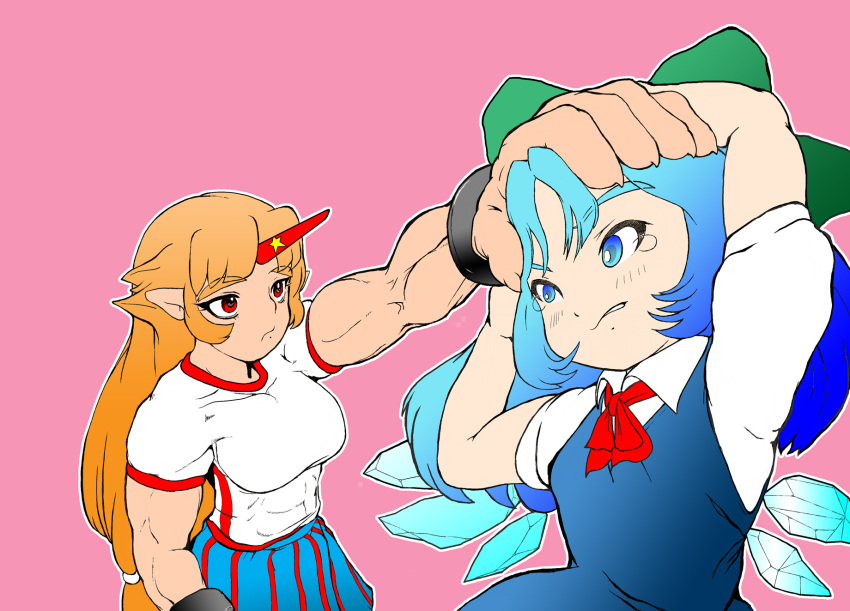 artist_request blue_dress blue_hair bow cirno cuffs dress hair_bow hand_on_another's_head highres horn hoshiguma_yuugi ice ice_wings oni sakazuki touhou wings