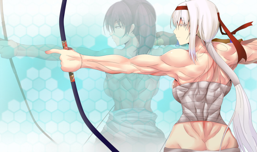 1girl alternate_hairstyle ass back backboob bow_(weapon) breasts commentary_request dateya_torahachi gloves headband highres kaga_(kantai_collection) kantai_collection muscle muscular_female ponytail sarashi shoukaku_(kantai_collection) side_ponytail single_glove weapon white_hair yellow_eyes