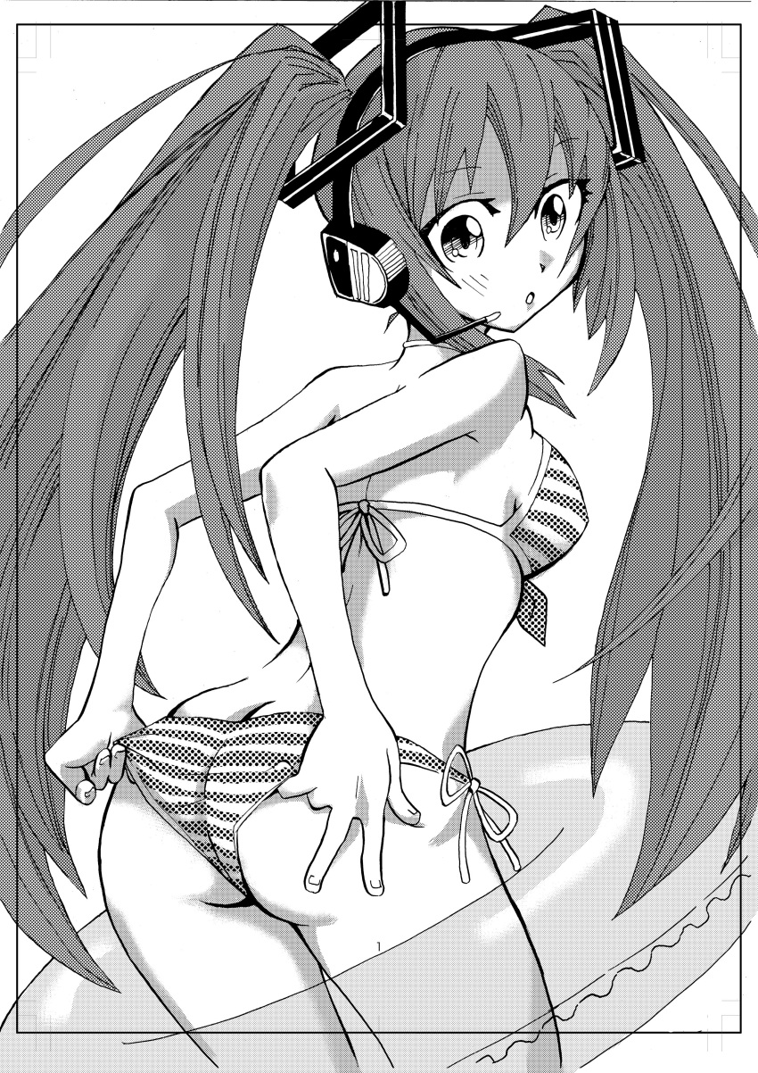 1girl absurdres artist_request ass bikini breasts hair_ornament hatsune_miku headset highres innertube long_hair looking_back monochrome open_mouth side-tie_bikini sideboob solo striped striped_swimsuit swimsuit traditional_media very_long_hair vocaloid