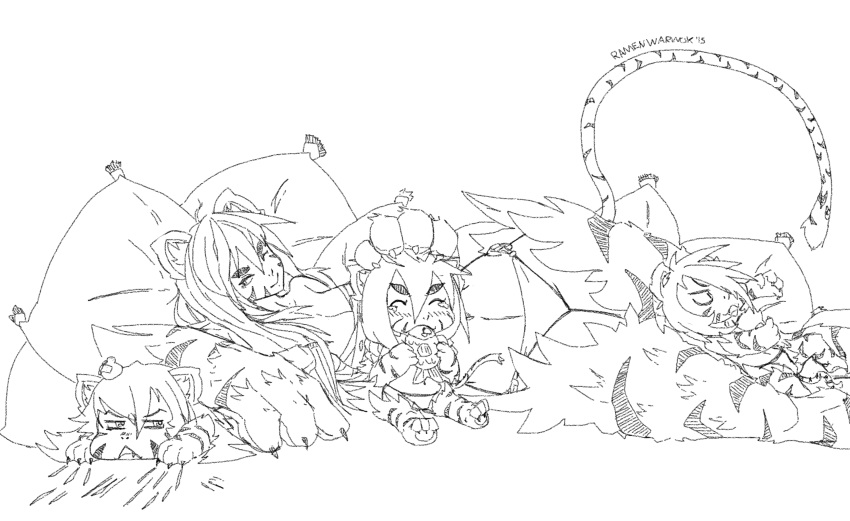 4girls angry animal_ears armor artist_request bad_proportions big_hands bikini breasts claws eating fish hand_on_another's_head highres jinko_(monster_girl_encyclopedia) large_hands long_hair long_nails long_tail lounging lying lying_on_person midriff monochrome monster_girl monster_girl_encyclopedia mother_and_child mother_and_daughter multiple_girls on_side paws pillow scratches swimsuit tagme tail tears tiger_ears tiger_girl tiger_paws tiger_stripes tiger_tail wide_hips