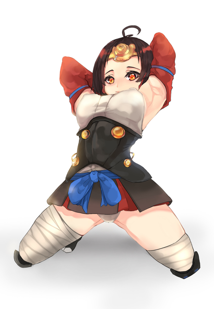 1girl applepie_(12711019) armor armpits bangs breasts brown_hair detached_sleeves highres japanese_clothes koutetsujou_no_kabaneri mumei_(kabaneri) orange_eyes panties pantyshot short_hair solo underwear