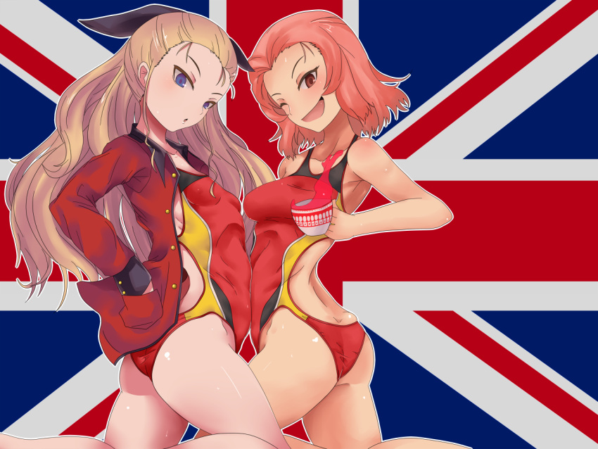 2girls assam blonde_hair blue_eyes competition_swimsuit cup dateya_torahachi girls_und_panzer jacket long_hair multiple_girls one-piece_swimsuit one_eye_closed red_eyes redhead rosehip short_hair spill swimsuit teacup union_jack
