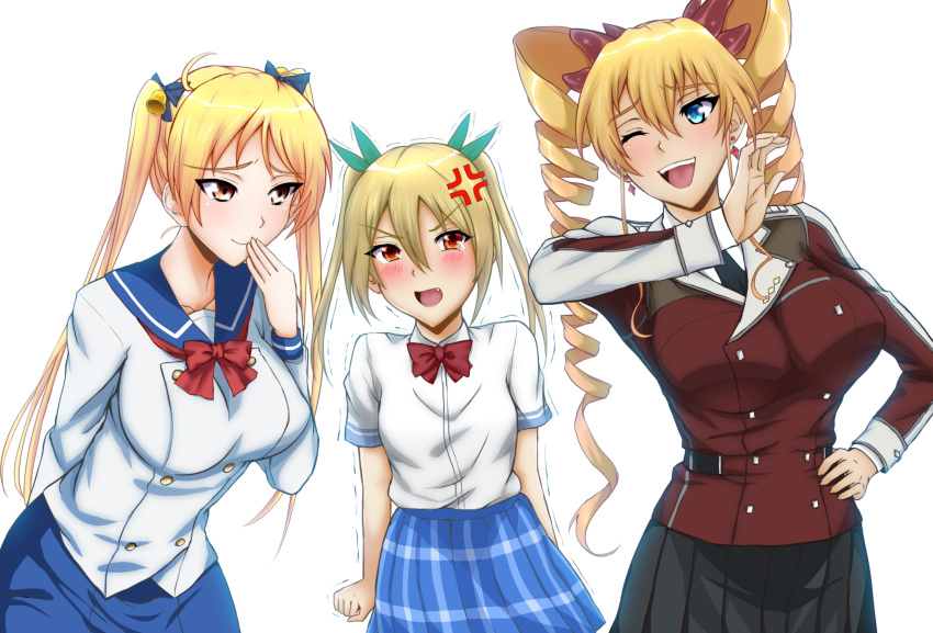 3girls absurdres anger_vein arm_behind_back bakuon!! bell blonde_hair blue_eyes blush bow breasts claire_harvey clenched_hand crossover drill_hair fang green_kaminari hair_bell hair_between_eyes hair_ornament hair_ribbon hand_on_hip highres hundred large_breasts long_hair multiple_girls netoge_no_yome_wa_onna_no_ko_janai_to_omotta? open_mouth pleated_skirt red_eyes ribbon school_uniform segawa_akane skirt smirk suzunoki_rin trembling twin_drills twintails