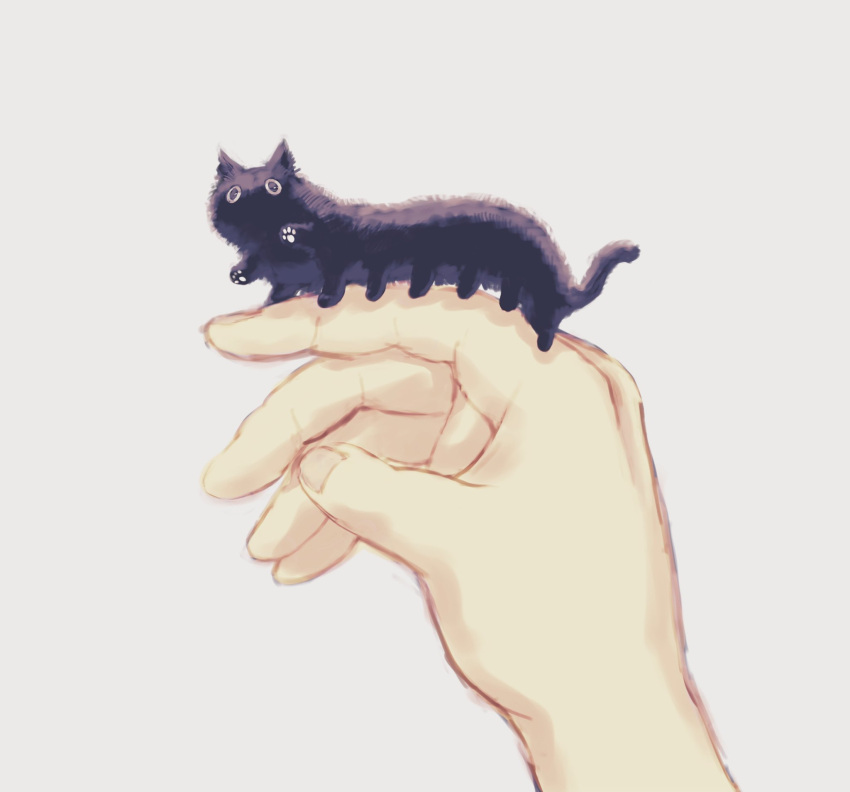 1other animal_focus animal_on_finger black_cat black_fur cat caterpillar extra_legs grey_background hands highres kezuru original pun simple_background