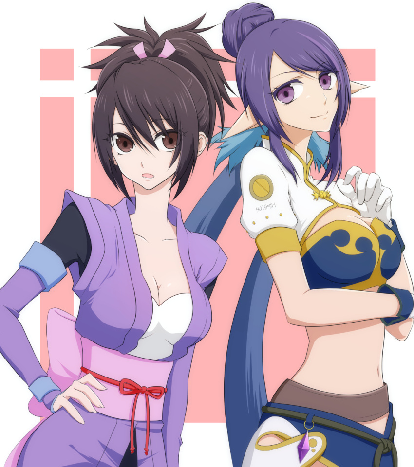 2girls black_hair blue_hair breasts brown_eyes cleavage cleavage_cutout gloves hair_bun hand_on_hip highres japanese_clothes judith long_hair looking_at_viewer midriff multicolored_hair multiple_girls open_mouth pointy_ears purple_hair sheena_fujibayashi short_hair short_ponytail smile tales_of_(series) tales_of_symphonia tales_of_vesperia tara_(ffix589) twintails two-tone_hair very_long_hair violet_eyes
