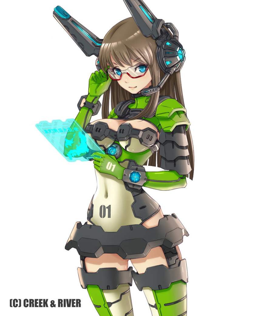 1girl adjusting_glasses ass_visible_through_thighs blue_eyes breasts copyright_request covered_navel cowboy_shot english female glasses gloves green_gloves headset highres hirobee holographic_touchscreen leotard long_hair simple_background solo watermark white_background