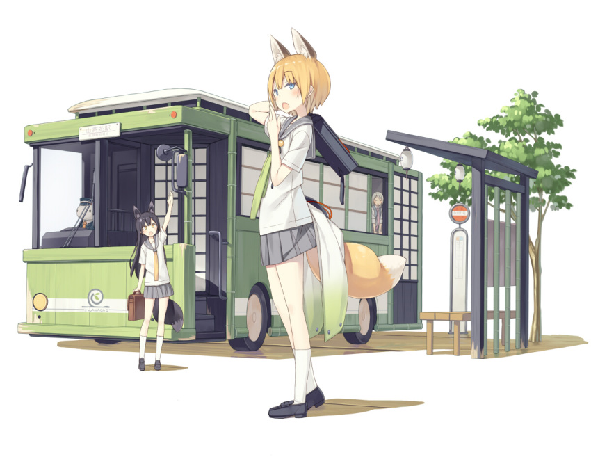 3girls animal_ears bench black_hair black_shoes blonde_hair blue_eyes briefcase brown_eyes bus bus_stop covering_mouth fox_ears fox_tail grey_hair kuromitsu_nene lantern long_hair looking_at_viewer miniskirt motor_vehicle multiple_girls necktie original paper_lantern pleated_skirt poco_(asahi_age) school_uniform serafuku shiratama_kitsune shoes short_hair short_sleeves skirt socks standing tail vehicle waving white_legwear yawning