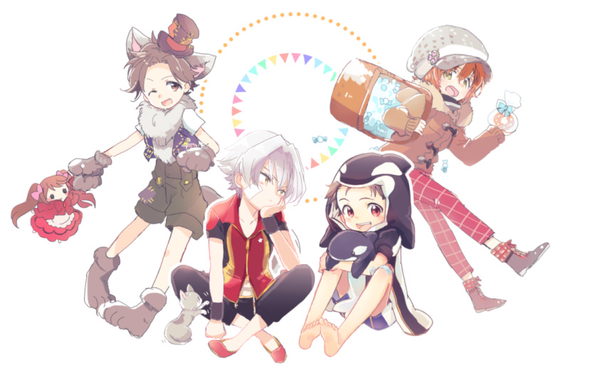 5boys animal_hood bandaid bandaid_on_knee candy character_doll child hat hood idolmaster idolmaster_side-m kamiya_yukihiro kimura_ryuu kizaki_ren looking_at_viewer mizushima_saki multiple_boys orange_hair orca otoko_no_ko stuffed_whale teuyu top_hat twintails wakazato_haruna younger