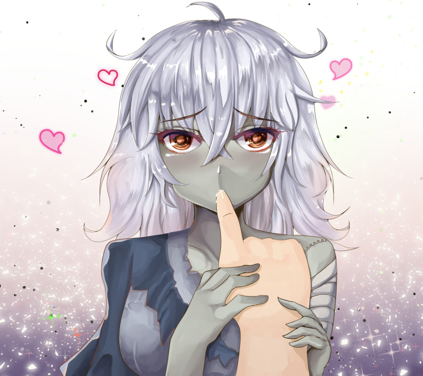 1girl bandages blush crossed_bangs eyebrows eyebrows_visible_through_hair finger_in_another's_mouth finger_sucking grey_hair grey_skin hair_between_eyes heart heart-shaped_pupils holding_hand long_hair looking_at_viewer messy_hair monster_girl monster_girl_encyclopedia orange_eyes paundo2 pov saliva solo_focus symbol-shaped_pupils torn_clothes upper_body zombie zombie_(monster_girl_encyclopedia)