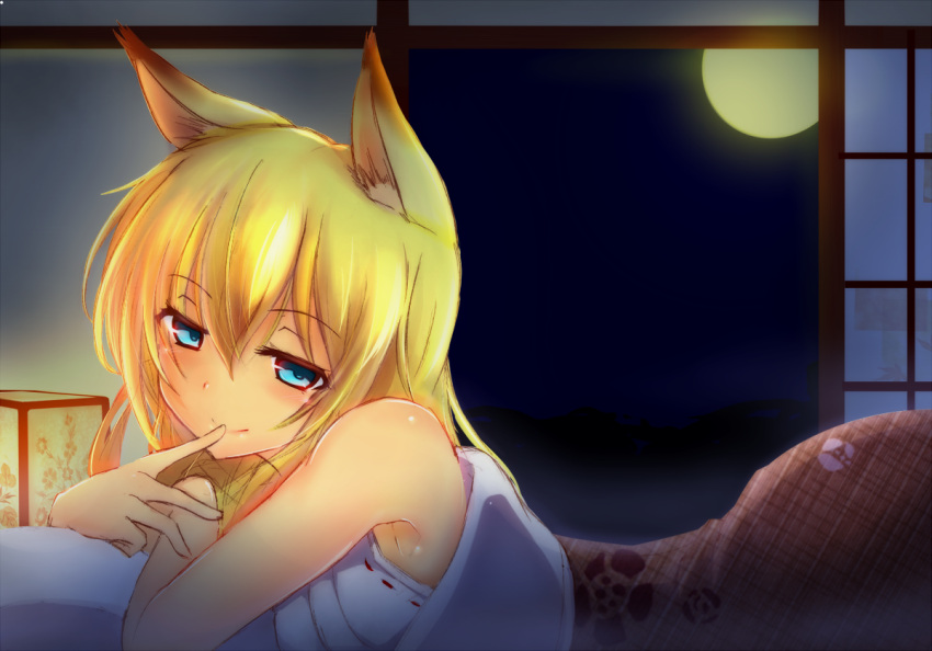 1girl animal_ears arched_back armpits bare_shoulders blanket blonde_hair blue_eyes blush finger_to_mouth fox_ears fujikusa full_moon hair_between_eyes japanese_clothes long_hair looking_at_viewer lying moon night night_sky on_bed on_stomach original pillow sky sleeveless sliding_doors smile solo under_blanket