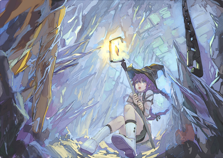 1girl blue_eyes braid capelet cave chain hat highres light long_hair open_mouth purple_hair qb single_braid solo staff stalactite stalagmite witch_hat