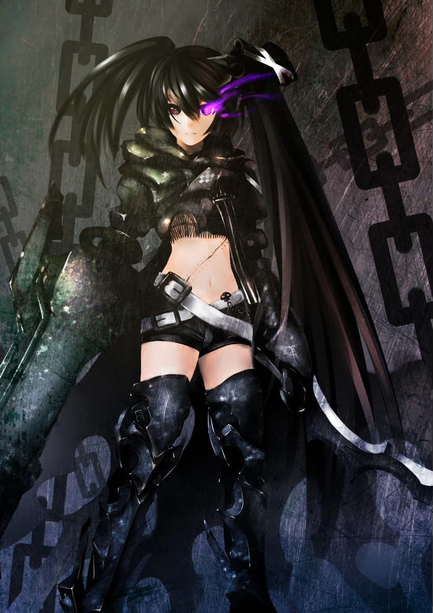 1girl absurdres armor armored_boots belt black_hair black_rock_shooter black_rock_shooter_(character) black_shorts boots burning_eyes chain highres holding holding_sword holding_weapon insane_black_rock_shooter long_hair looking_at_viewer navel san_rei_juko scar short_shorts shorts solo sword twintails violet_eyes weapon