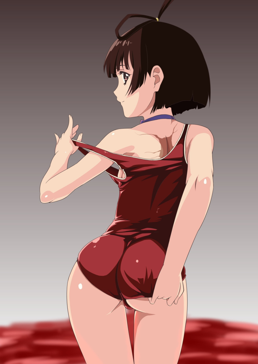 1girl adjusting_clothes adjusting_swimsuit ass backboob blue_ribbon breasts brown_eyes brown_hair from_behind guchiaki highres koutetsujou_no_kabaneri looking_at_viewer looking_back mumei_(kabaneri) neck_ribbon one-piece_swimsuit red_swimsuit ribbon scar short_hair smile solo strap_pull swimsuit